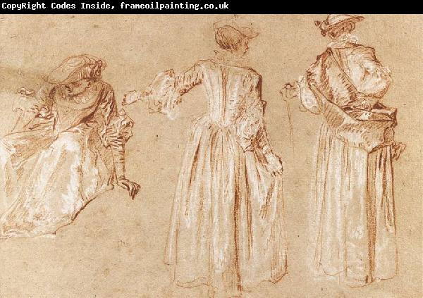 WATTEAU, Antoine Three Studies of a Lady with a Hat